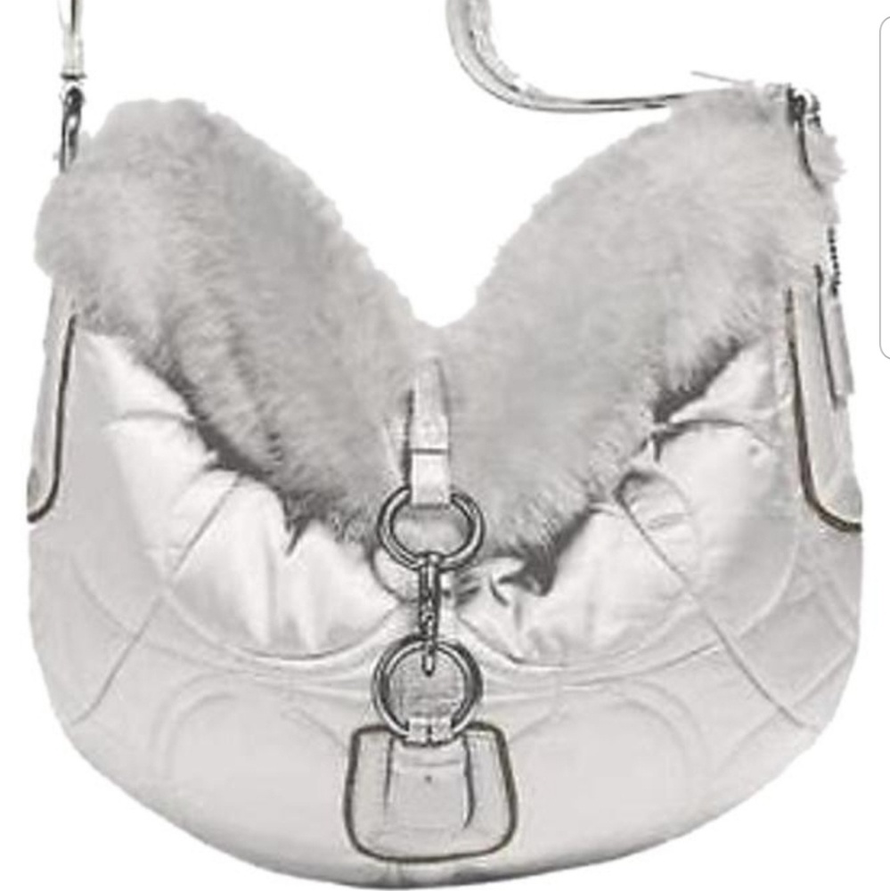Coach rabbit fur hand bag, white